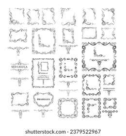 Frames and corners set, ornate frame, decorative elements, greeting card, laser cutting, wedding decoration. Decorative design scroll elements calligraphic isolated vector drawing.