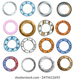 Frames cruise ship porthole or spaceship hand-drawn realistic 3D and cartoonish with strokes. Vector illustration round porthole rusty or shiny space portholes set of sixteen pieces on the