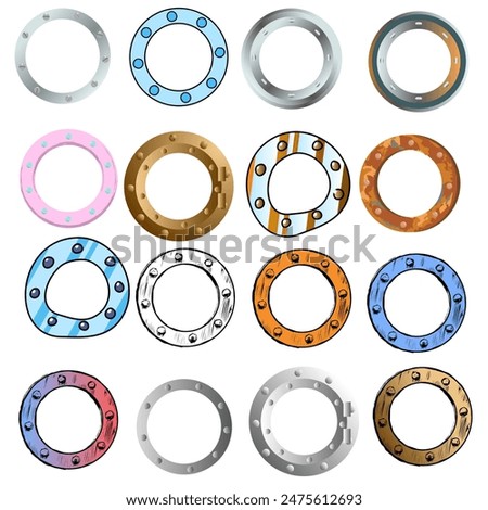 Frames cruise ship porthole or spaceship hand-drawn realistic 3D and cartoonish with strokes. Vector illustration round porthole rusty or shiny space portholes set of sixteen pieces on the