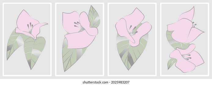 marcos con delicadas ramas rosas flores de pared conjunto vectorial de arte - para impresiones enmarcadas en la pared, huellas de lienzo, afiche, decoración doméstica
