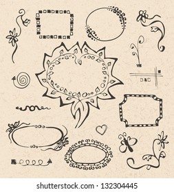 frames and design elements collection hand drawn on recycled paper texture