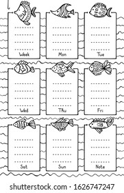 Frames with different fish. Hand-drawn black and white weekly planner template. Cute doodle schedule for daily plans and diary. Bullet journal style. Vector illustration.