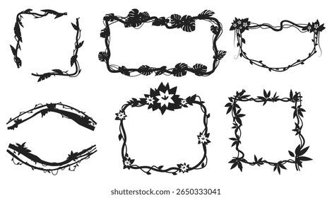 Frames of different shapes of tropical lianas. Plants and flowers black silhouette. Rainforest greenery. Natural wild ivy. Intertwined branch. Palm leaves. Vector