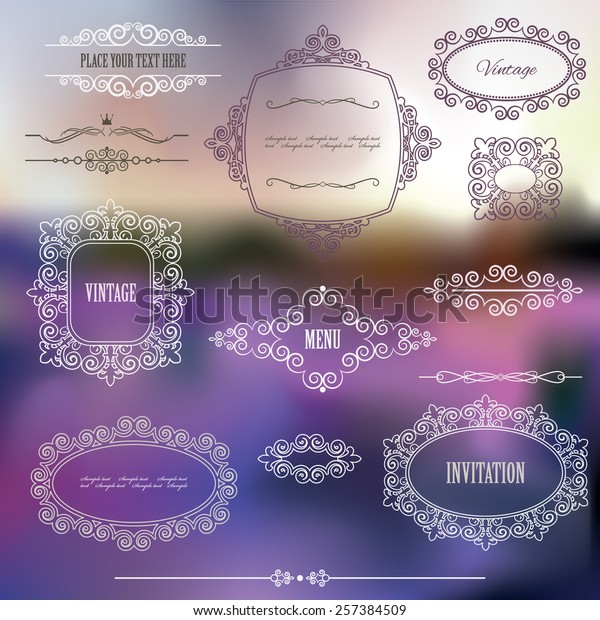 Frames, dividers, page decoration set on blurred\
mesh background. Calligraphic design elements. Lavender soft\
colors.