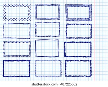 Frames doodle vector. Set of simple doodles on notebook paper. Drawn curve borders. Set of simple blue pen sketches in school exercise book.