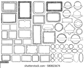 Frames doodle vector. Set of simple doodles. Doodels set. Scrawl frames and stickers. Pencil effect sketch collection. Curve borders. Isolated vector frames. Notebook scribbles. Framings collection.