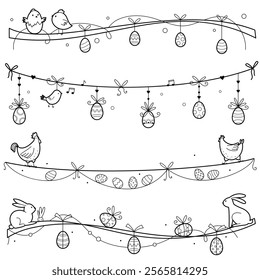 Frames with easter eggs. Set of simple border. Easter decoration with painted eggs. Outline illustration, isolated on white background