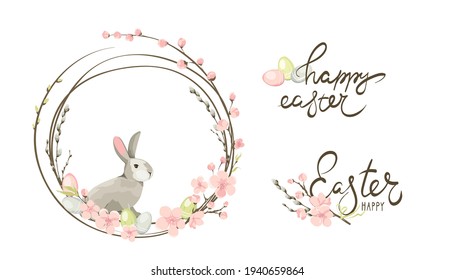 Frames for Easter holidays. Rabbit, Willow, Cherry blossom and eggs. Set vector design elements on the theme of flowering and spring.	