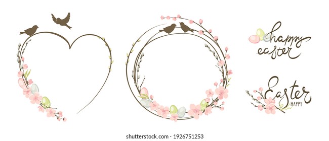 Frames for Easter holidays. Willow, Cherry blossom and eggs. vector design element set on the spring Easter flower theme.