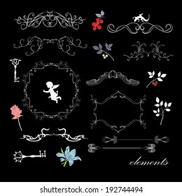 Frames and elements on black background