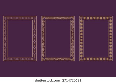 Los marcos presentan diseños ornamentales dorados sobre un fondo púrpura. 