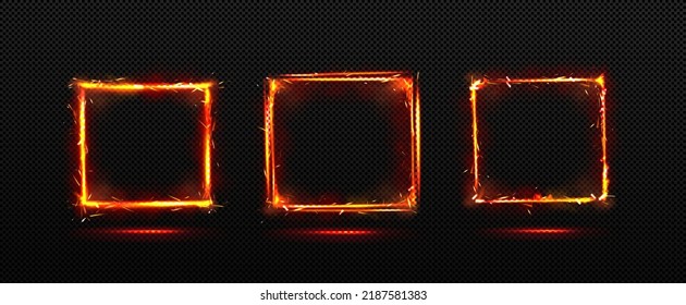 Frames with fire sparkle effect, square borders with glowing sparks of weld metal blade, cracker or petard. Fiery light bordering with twinkles, Realistic 3d vector illustration isolated on black
