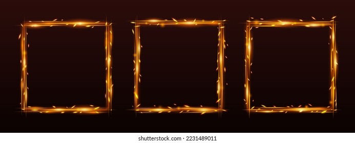 Frames with fire sparkle effect, square borders with glowing sparks of weld metal blade, cracker or petard. Fiery light bordering with twinkles, photo or avatar game frames 3d vector illustration, set