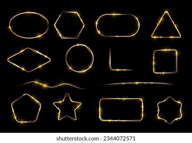 Frames with flame sparkles, glow light effect. Vector borders, lines and corners on black background. Gold glowing circle, square, star, rhombus and triangle, Pentagon and hexagon magic golden glitter