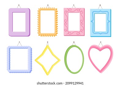 Frames flat colored with various patterns and shadows for photos with hobnail on the wall set. Square, rectangle, oval, star, heart. Design elements isolated on white background. Vector illustration