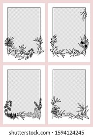 Frames with floral ornaments in delicate colors with a transparent middle. Vector illustration. You can change the color of the frame and the leaves separately.