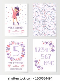 Frames with flowers, numbers and happy girl for greeting cards. To birthday celebrate, . Vector background on white background