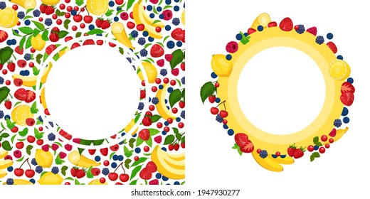 Marcos de bayas frescas, frutos, ilustración vectorial. Pancartas luminosas con dibujos naturales de productos de verano. Ingredientes de cítricos