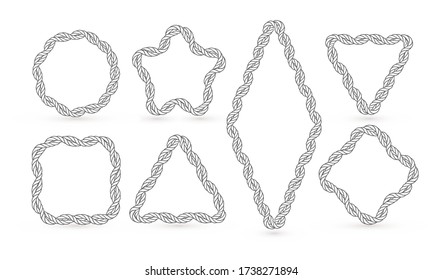 Frames of geometric shapes for marine deisgn element, twisted nautical ropes, woven ropes, frames of laces and ropes, vector illustration