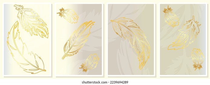 Frames with golden feathers wall art vector set for wall art, poster, wallpaper, print