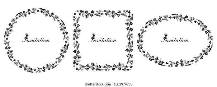Frames graphic set decorated flowers, black and white hand drawn vector template