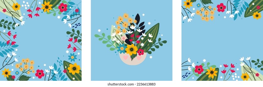 Frames for greeting card or postcard templates with flowers, floral wreath. Modern festive vector illustration.