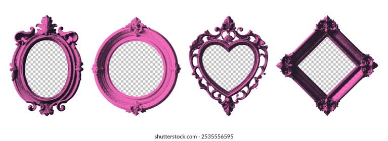 Frames are in halftones. The design is in the style of a dot collage in the style of pop art. The layout is heart, circle, oval, rhombus. Vector.