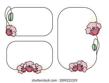 Frames with hand-drawn poppies flowers isolated on white background. Use for menus, invitations, wedding.