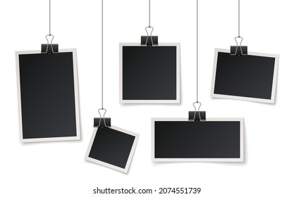 Frames hang on clips. Picture hanging, photos frame on string. Blank realistic photography template, isolated memories elements exact vector concept