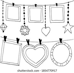 marcos, corazón, estrella, copo de nieve cuelgan sobre espinas de tela en un boceto de hilo dibujado a mano. afiche de plantilla, tarjeta, decoración, vector, monocromo, minimalismo, amor, día de San Valentín.