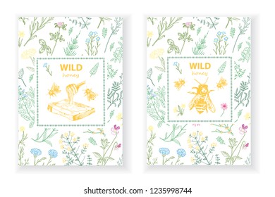 Frames with honey bee, hive, herbs and wild flowers.