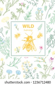 Frames with honey bee, hive, herbs and wild flowers.