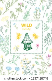 Frames with honey bee, hive, herbs and wild flowers. Hand drawn vintage vector illustration. Line art style. Rustic template, greenery color.