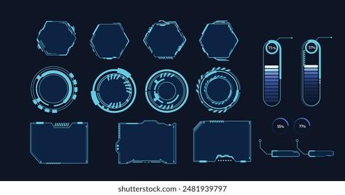 Marcos HUD estilo futurista. Abstractas patrones geométricos. Iconos de tecnología futurista, tecnología digital sobre un fondo azul oscuro.