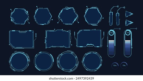 Frames HUD futuristic style. Abstract geometric patterns. Futuristic technology icons, digital technology on a dark blue background.	