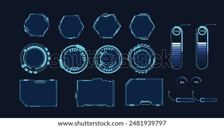 Frames HUD futuristic style. Abstract geometric patterns. Futuristic technology icons, digital technology on a dark blue background.