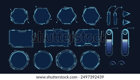 Frames HUD futuristic style. Abstract geometric patterns. Futuristic technology icons, digital technology on a dark blue background.	