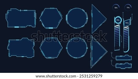 Frames HUD futuristic style. Abstract geometric patterns. Futuristic technology icons, digital technology on a dark blue background.	