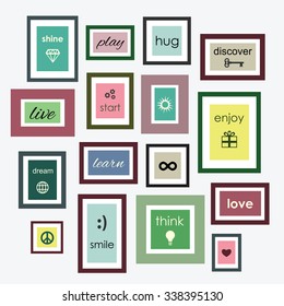 Frames with icons and symbols, vector illustration for inspiration card or poster with symbolical wishes and verbs in modern colors
