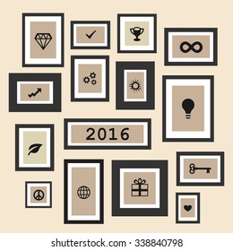 Frames with icons and symbols, vector illustration for new year holiday card or poster with current symbolical wishes and current year lettering in retro colors