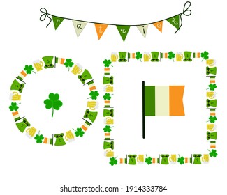 Frames of the Irish flag, beer mug, green St. Patrick's top hat and shamrock. St. Patrick's Day Decoration