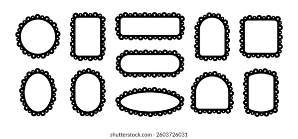 Frames with lace edge. Scallop border pattern. Vector ornament template in black for design.