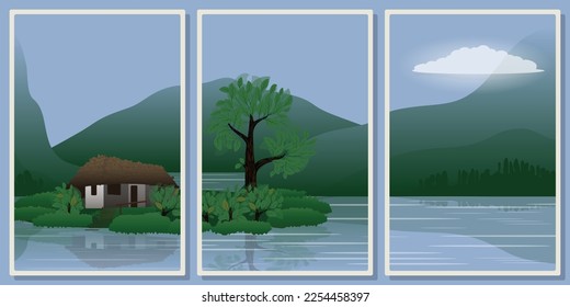Frames with lake in the mountains and small house on the island, wall art vector set - for wall framed prints, canvas prints, poster, home decor