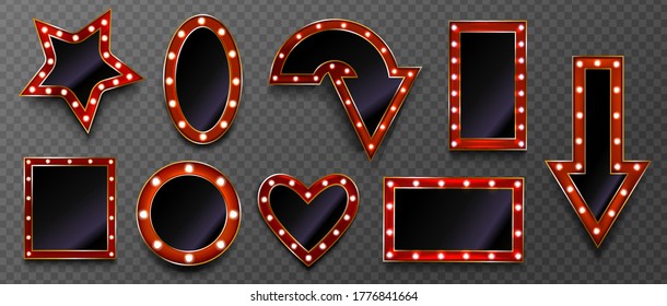 Frames with light bulbs for retro sign on circus marquee or casino isolated on transparent background. Vector realistic mockup of arrow, star and heart shape makeup mirror with red and gold borders