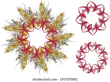 Frames like a star from parrrot head in heart form. Collection of beautiful flowers or frames in the shape of the sun for emblems, embroidery, prints, textiles, holidays and events, cards, tattoos