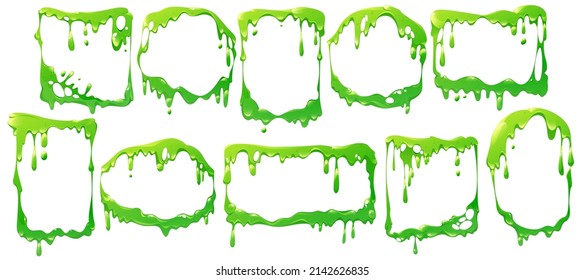 Frames of liquid green slime flows, dripping poison goo. Vector cartoon set of borders different shapes from fluid mucus drops and sticky ooze splatters isolated on white background