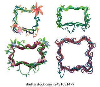 Frames made from liana vine with leaves and flowers. Cartoon vector set of borders from jungle plant branches. Creeping hanging rain forest tree vegetation in form of rectangular box and badge.