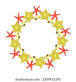 Frames made of summer elements white background. Starfish, shell, pebbles. A frame of marine elements. Design of a poster, banner, postcard. Vector illustration