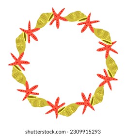 Frames made of summer elements white background. Starfish, shell .A frame of marine elements. Design of a poster, banner, postcard. Vector illustration