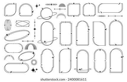 Rahmen und minimale Zeilengrenzen mit Sternfunkeln und Zwirnketten oder Bogenformen, Vektorlinearemente. Einfache minimale Rahmenrahmen und Linien-Kunstrahmen oder Arcs mit Himmelsmagie-Sternfunken